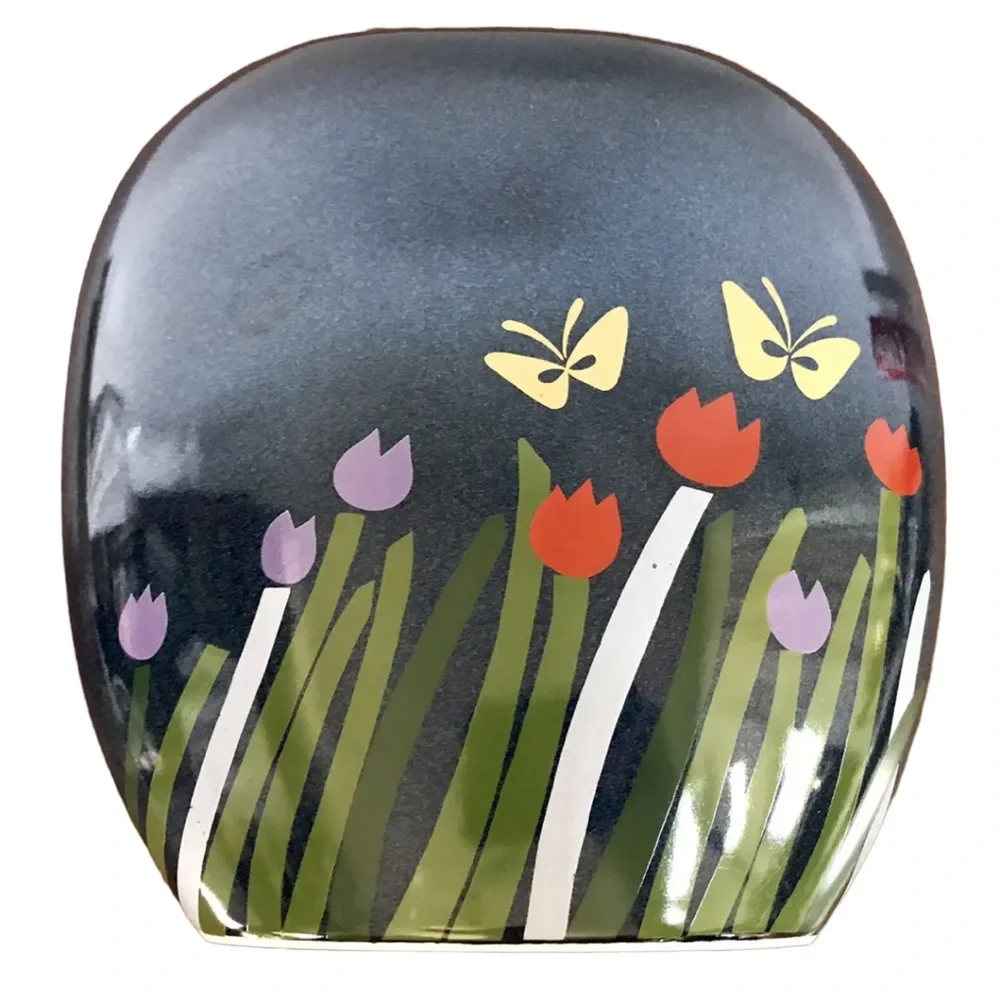 Vintage 80s Otagiri Flat Oval Round Vase Primary colors Tulips butterflies